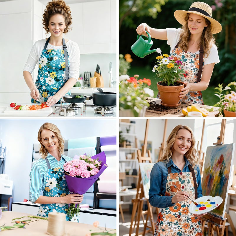 IHFAIO Floral Apron Women, 2 Pack Aprons for Women with Pockets, Waterproof Kitchen Apron Aprons for Cooking, Baking (Blue Yellow) - Image 5