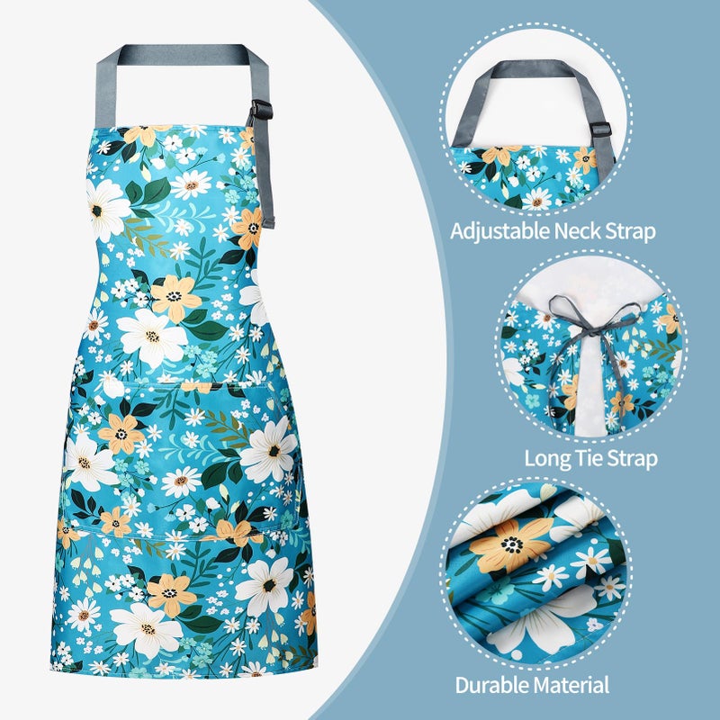 IHFAIO Floral Apron Women, 2 Pack Aprons for Women with Pockets, Waterproof Kitchen Apron Aprons for Cooking, Baking (Blue Yellow) - Image 2