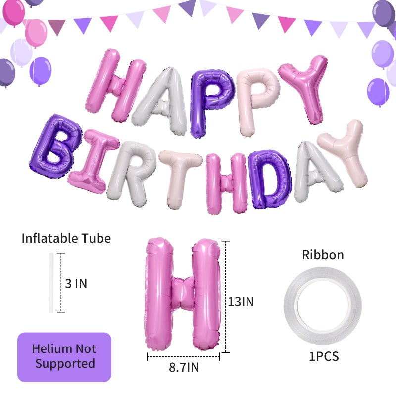 PatiCool Purple Pink Happy Birthday Balloon Banner, 16 Inch Foil Mylar Happy Birthday Balloons Letters, Reusable Happy Birthday Sign, Pink and Purple Birthday Decorations for Women and Girls - Image 3