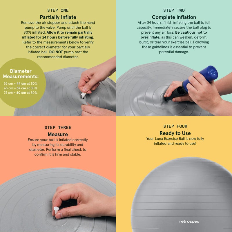 Retrospec Luna Exercise Ball - 55, 65, or 75cm Yoga Ball for Workouts, Stability, Pregnancy - Swish Balance Ball w/Pump & Base for Office & Home Gym - Image 5