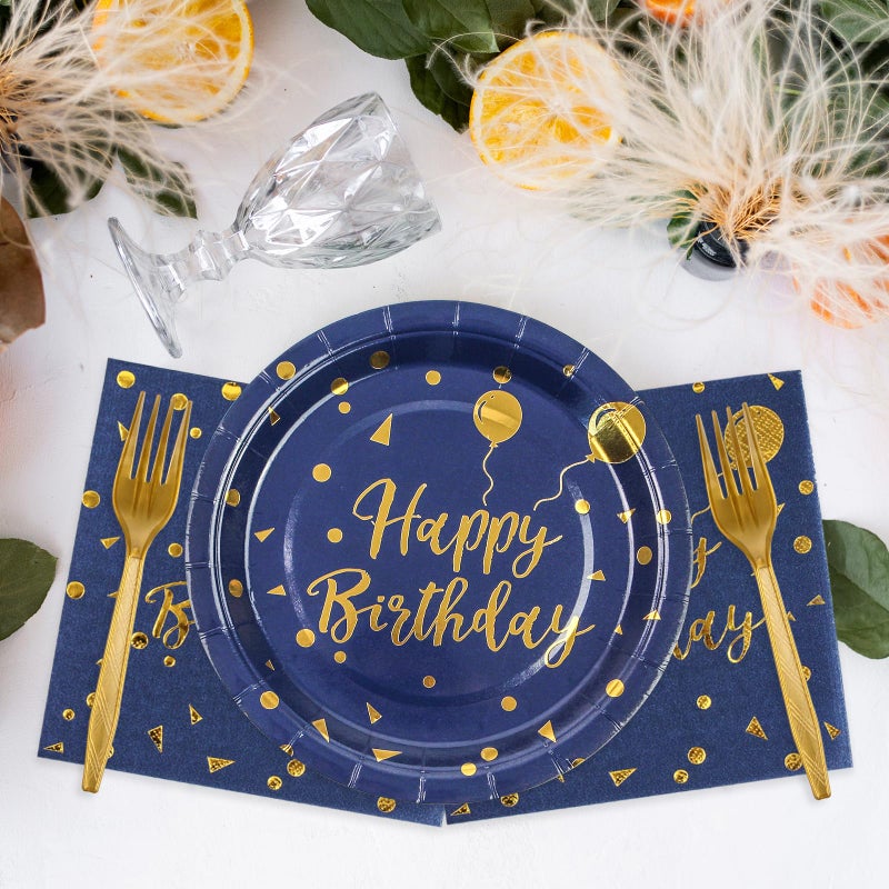 KFJBPB 48PCS Happy Birthday Plates and Napkins Party Supplies, Blue and Gold Disposable Paper Plates and Napkins with Forks Tableware Set for Birthday Party Decorations 16 Guests - Image 5