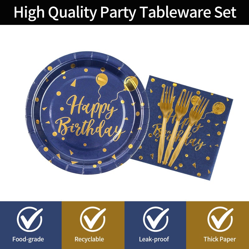 KFJBPB 48PCS Happy Birthday Plates and Napkins Party Supplies, Blue and Gold Disposable Paper Plates and Napkins with Forks Tableware Set for Birthday Party Decorations 16 Guests - Image 3