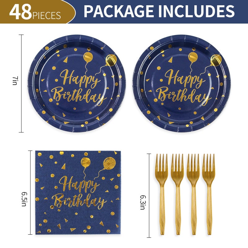 KFJBPB 48PCS Happy Birthday Plates and Napkins Party Supplies, Blue and Gold Disposable Paper Plates and Napkins with Forks Tableware Set for Birthday Party Decorations 16 Guests - Image 2