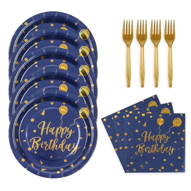KFJBPB 48PCS Happy Birthday Plates and Napkins Party Supplies, Blue and Gold Disposable Paper Plates and Napkins with Forks Tableware Set for Birthday Party Decorations 16 Guests - Image 1