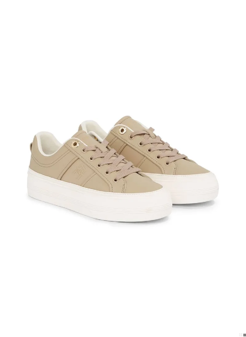 TOMMY HILFIGER Women's Leather Flatform Trainers - Leather, Beige