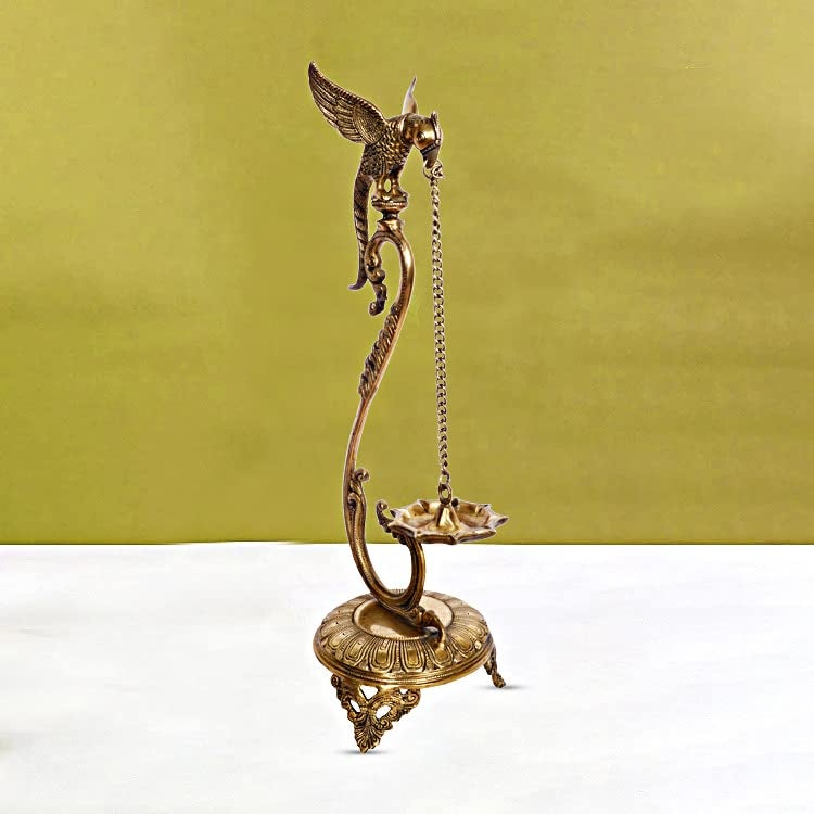 ARTVARKO ARTVARKO Brass Parrot Design Hanging Bird Peacock Diya Oil Wick Lamp Deepak for Diwali Pooja Puja Home Decoration and Gifts Showpiece 24 Inch 