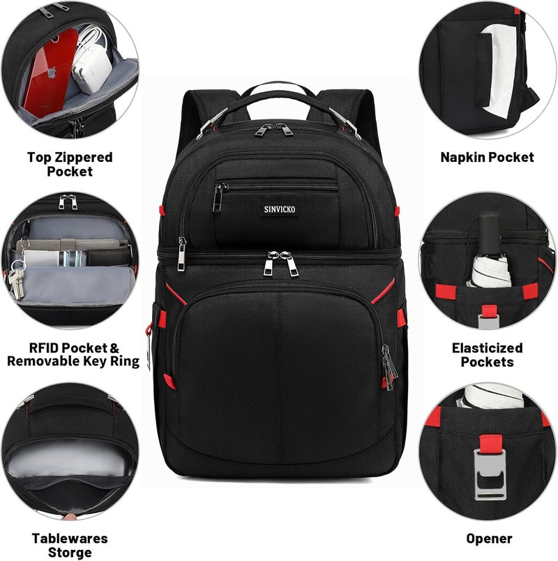 SINVICKO Insulated Cooler Backpack - Double Deck Leakproof Lunch Bag for Men and Women, Black & Red - Image 2