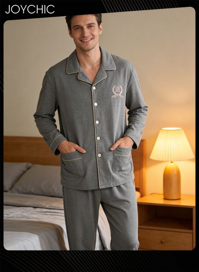 Joychic طقم بيجاما كلاسيكي للرجال من القطن الخالص دافئ ومقاوم للرياح ببطانة طويلة الأكمام ملابس منزلية شبابية بياقة للنوم لفصل الربيع والخريف والشتاء رمادي - Image 1