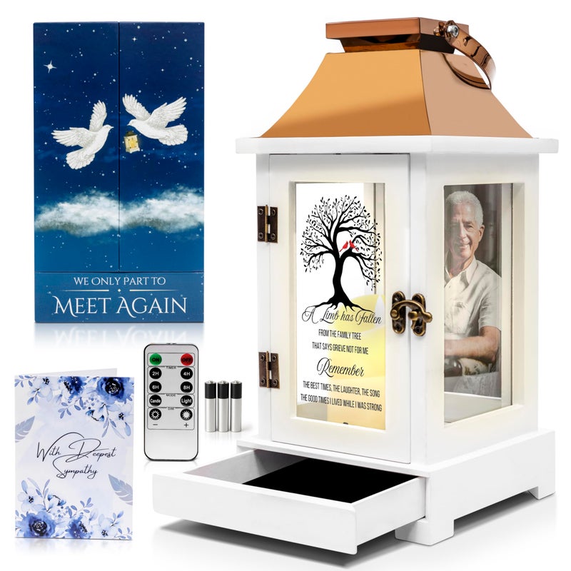 STILLWIND Memorial Lantern with Drawer for Keepsakes - Sympathy Gifts for Loss of Loved One - Memorial Gifts, Bereavement Gifts, Funeral Gifts, Grief Gifts for Women / Men (Candle, Remote, Batteries) - Image 1