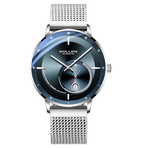 SOLLEN Men's Automatic Watch, Silver Mechanical Self-Winding Wrist Watch with Luminous, Date & Seconds Subdial, 30M Waterproof Stainless Steel Minimalist Dress Watch, Skeleton Back - 42mm - Image 1