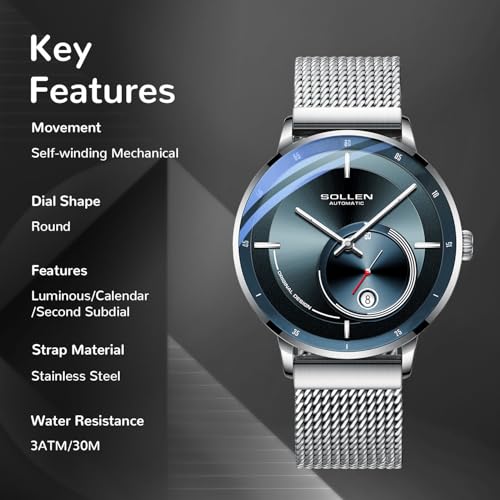 SOLLEN Men's Automatic Watch, Silver Mechanical Self-Winding Wrist Watch with Luminous, Date & Seconds Subdial, 30M Waterproof Stainless Steel Minimalist Dress Watch, Skeleton Back - 42mm - Image 4