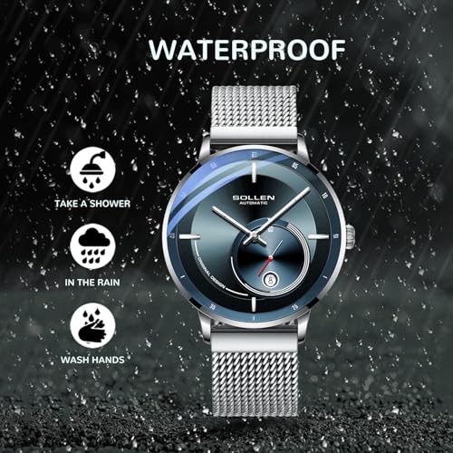 SOLLEN Men's Automatic Watch, Silver Mechanical Self-Winding Wrist Watch with Luminous, Date & Seconds Subdial, 30M Waterproof Stainless Steel Minimalist Dress Watch, Skeleton Back - 42mm - Image 5