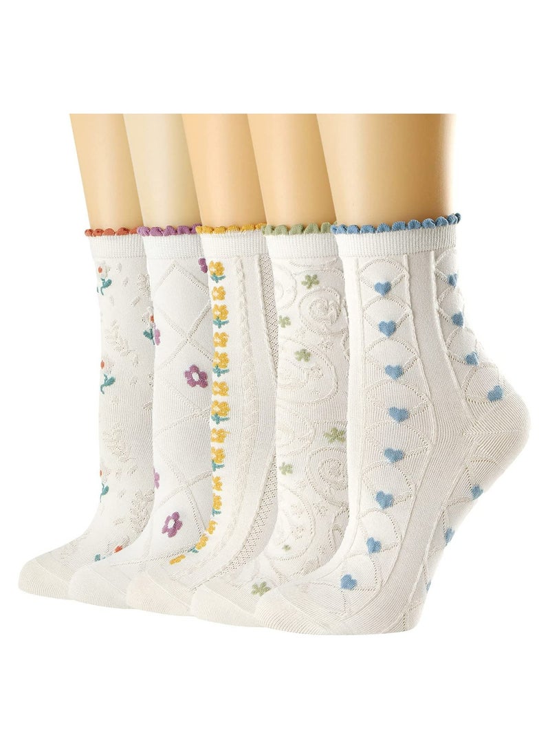 Women's Casual Cotton Crew Socks, Fun Novelty Dress Socks, Floral All-Match Short Low Cut Socks for Autumn and Winter, 5 Pairs One Size Cotton Socks - Image 1