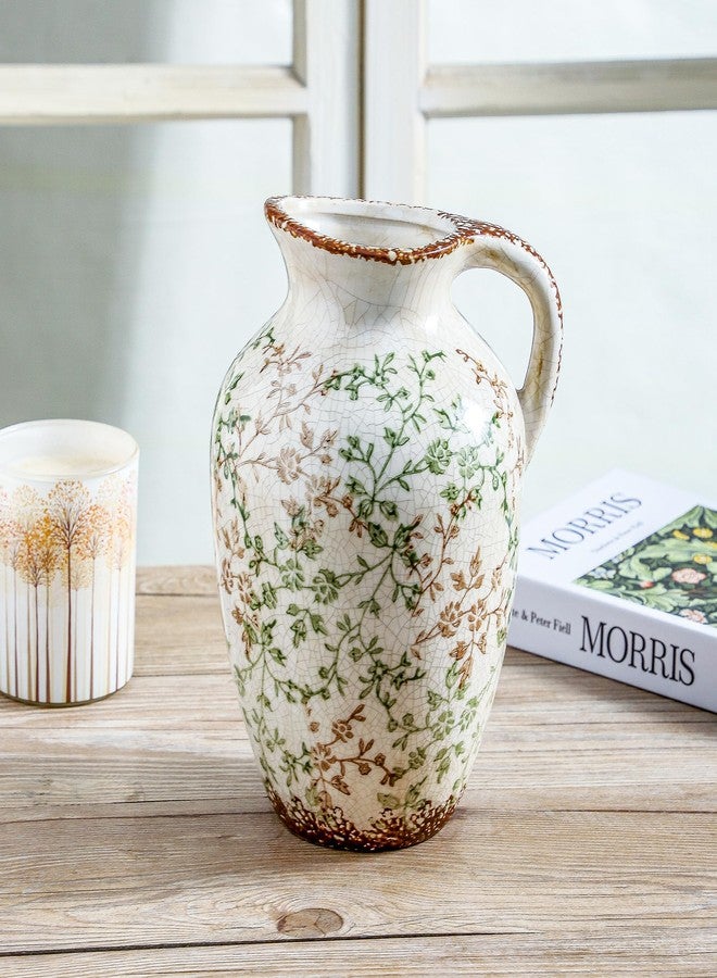 Enra Vintage vase,Ceramic Chinoiserie Floral Vase,Green and Beige Decorative Flower vase,Large Rustic Vases for Home Decors, Living Room, Bookshelf, Office，9.7 inch - Image 4