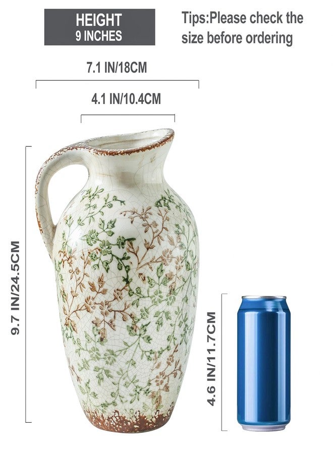 Enra Vintage vase,Ceramic Chinoiserie Floral Vase,Green and Beige Decorative Flower vase,Large Rustic Vases for Home Decors, Living Room, Bookshelf, Office，9.7 inch - Image 2