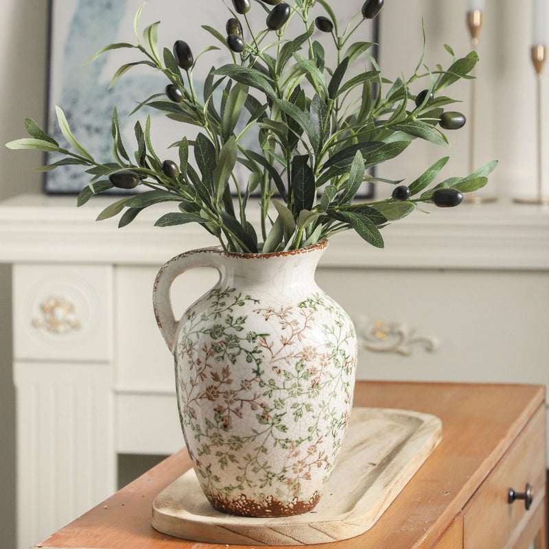 Enra Vintage vase,Ceramic Chinoiserie Floral Vase,Green and Beige Decorative Flower vase,Large Rustic Vases for Home Decors, Living Room, Bookshelf, Office，9.7 inch - Image 1