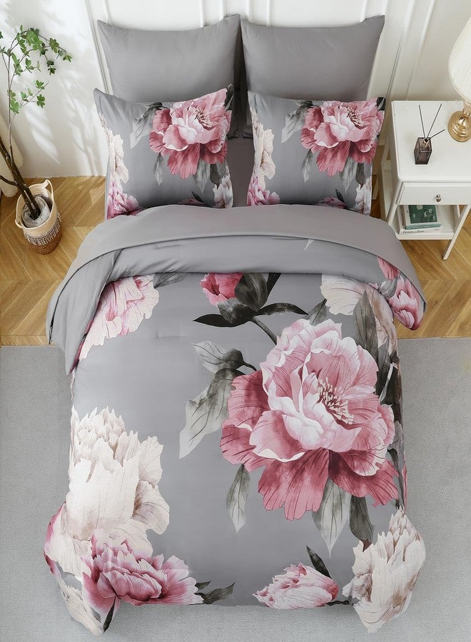 Dobuyly Pink and Grey Comforter Set Full Size 7 Piece Bed in a Bag, Floral Printed on Gray Full Comforter Set with Sheets, Soft Microfiber Botanical Complete Bedding Set for All Season - Image 3