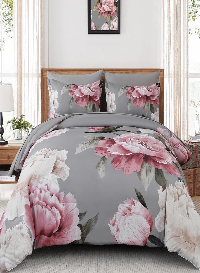 Dobuyly Pink and Grey Comforter Set Full Size 7 Piece Bed in a Bag, Floral Printed on Gray Full Comforter Set with Sheets, Soft Microfiber Botanical Complete Bedding Set for All Season - Image 1