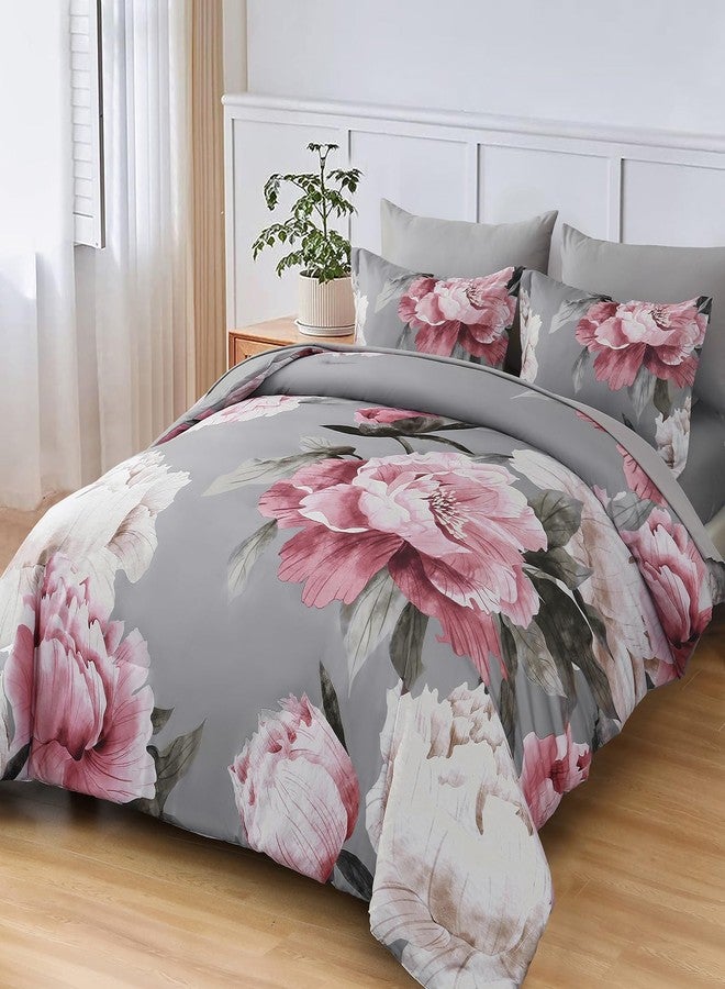 Dobuyly Pink and Grey Comforter Set Full Size 7 Piece Bed in a Bag, Floral Printed on Gray Full Comforter Set with Sheets, Soft Microfiber Botanical Complete Bedding Set for All Season - Image 2