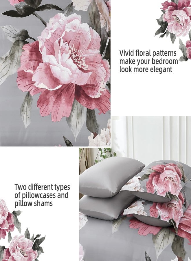 Dobuyly Pink and Grey Comforter Set Full Size 7 Piece Bed in a Bag, Floral Printed on Gray Full Comforter Set with Sheets, Soft Microfiber Botanical Complete Bedding Set for All Season - Image 5