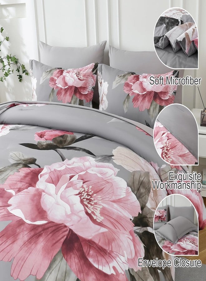Dobuyly Pink and Grey Comforter Set Full Size 7 Piece Bed in a Bag, Floral Printed on Gray Full Comforter Set with Sheets, Soft Microfiber Botanical Complete Bedding Set for All Season - Image 4