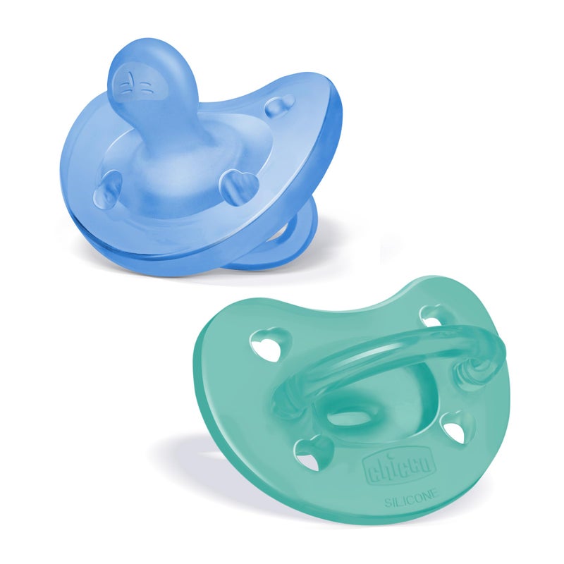 Chicco PhysioForma Silicone Orthodontic Pacifier, 6-16m | 100% Soft Silicone | Supports Breathing & Oral Development | Satin-Textured Nipple | Includes Sterilizing Case | BPA Free | Blue/Green, 2pk - Image 1
