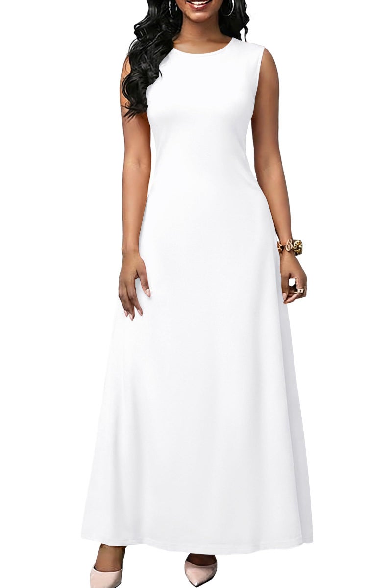 FANDEE Women's Maxi Dress Sleeveless Strap Crew Neck Dress with Pockets Pull‑On Long Casual Maxi Dress for Women White - Image 2