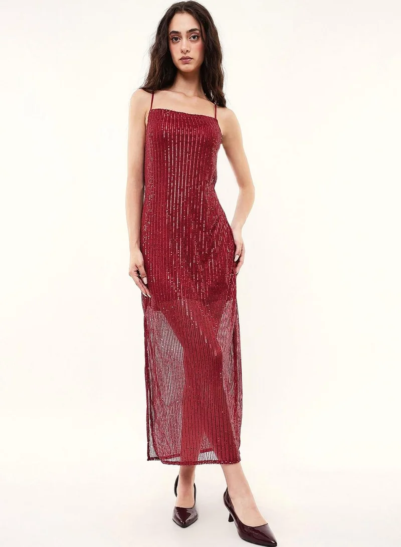 دينيس لينغو Women Maroon Cotton Blend Solid Maxi Shift Regular Dress