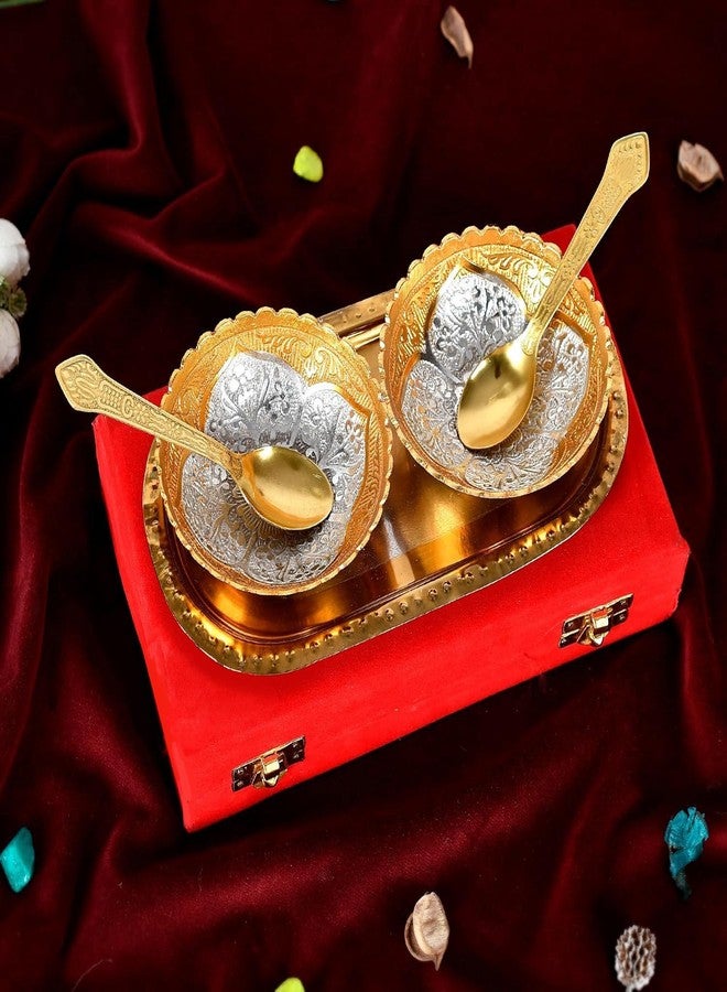 NOBILITY Bowl Spoon Tray Set Gold and Silver Plated Light Weight with Gift Box Dessert Dry Fruits Serving Gift Items Diwali Christmas Eid Wedding Return Home Decoration Gifts - Image 3