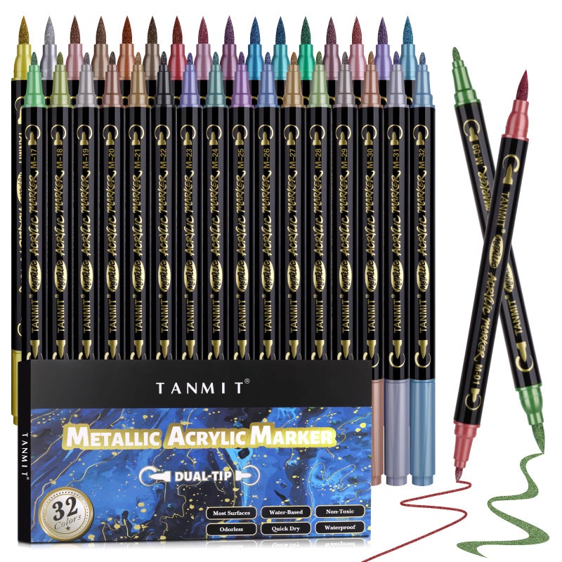 TANMIT 32 Colors Metallic Marker Pens, Dual Tip Acrylic Paint Pens Markers for Black Paper, Scrapbooking, Rock Painting, Wood, Canvas, Stone, Glass, Ceramic, DIY Crafts Making Art Supplies - Image 1