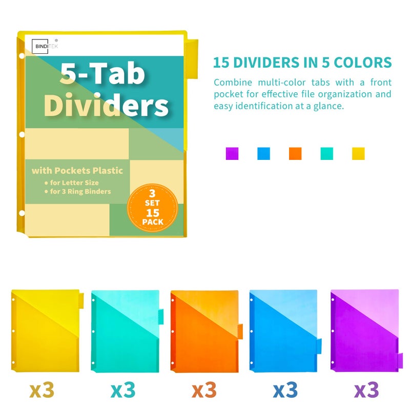 Binditek 5-Tab Plastic Binder Dividers with Front Pocket, Insertable Tabs, for 3 Ring Binders, Multicolor, 3 Sets (15 Pack) - Image 3