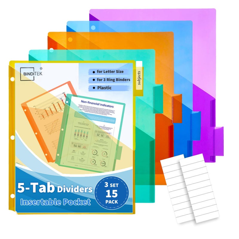 Binditek 5-Tab Plastic Binder Dividers with Front Pocket, Insertable Tabs, for 3 Ring Binders, Multicolor, 3 Sets (15 Pack) - Image 1