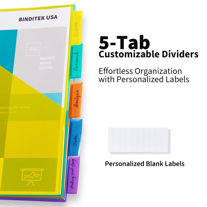 Binditek 5-Tab Plastic Binder Dividers with Front Pocket, Insertable Tabs, for 3 Ring Binders, Multicolor, 3 Sets (15 Pack) - Image 5