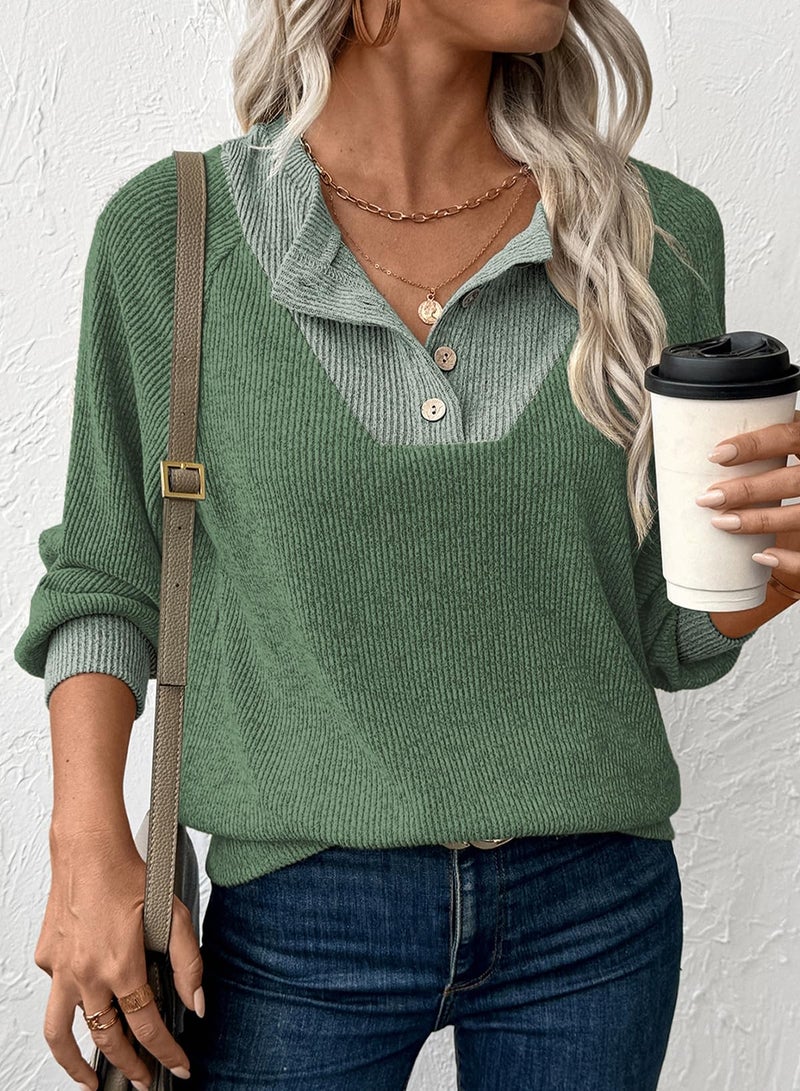 EVALESS Womens Long Sleeve Shirts Spring Fashion 2026 Patchwork Button Up V Neck Oversized Sweatshirt Casual Trendy Pullover Teacher Outfits Tops Mist Green Large - Image 5