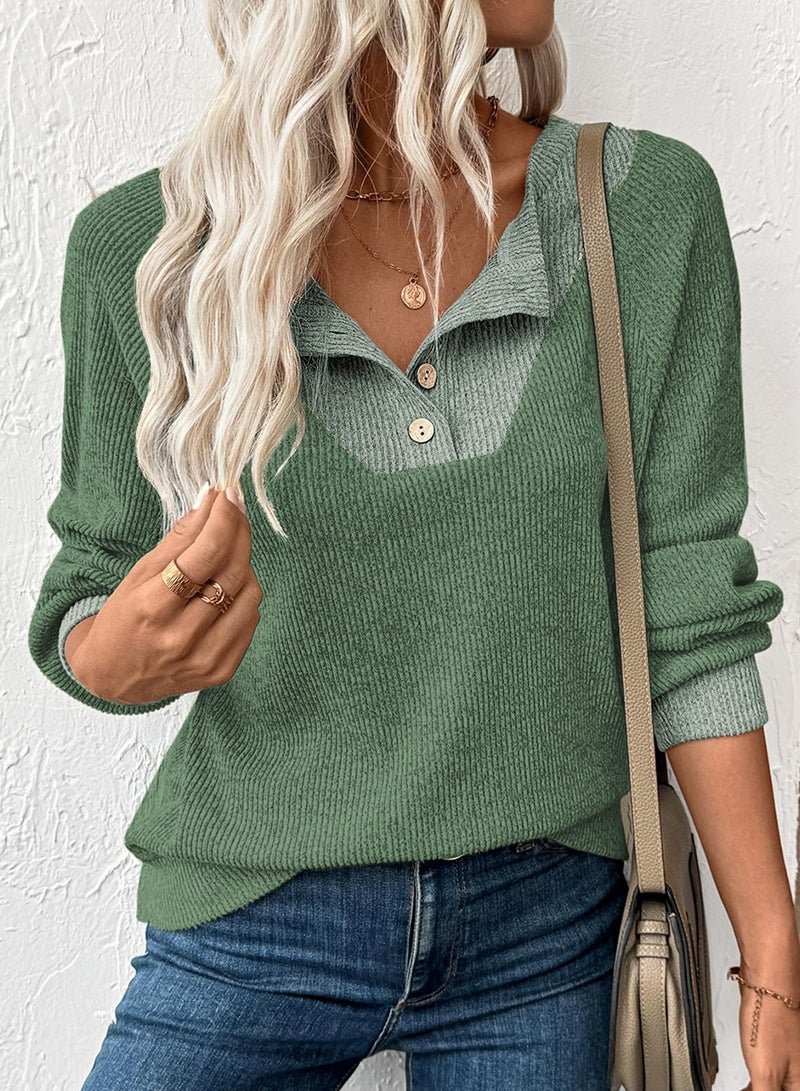EVALESS Womens Long Sleeve Shirts Spring Fashion 2026 Patchwork Button Up V Neck Oversized Sweatshirt Casual Trendy Pullover Teacher Outfits Tops Mist Green Large - Image 4