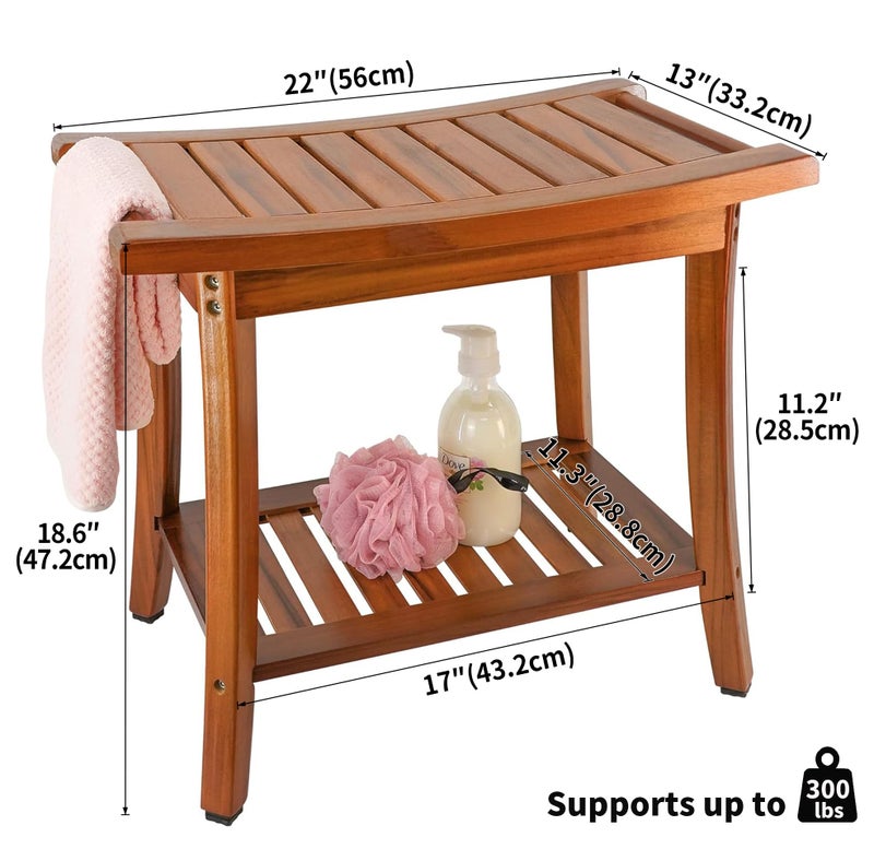 Utoplike Teak Shower Bench Seat with Handles, Portable Wooden Spa Bathing Stool with Storage Towel Shelf, 22" x 13" x 18.6", Perfect for Indoor and Outdoor Use - Image 4