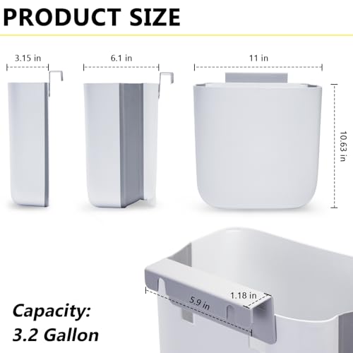 Soddeph 3.2 Gallon Foldable Hanging Trash Can with Lid for Cabinet Door,Kitchen Compost Bin,Wall-Mounted Plastic Garbage Can for Countertop or Under Sink, Bathroom and RV (White with lid) - Image 2