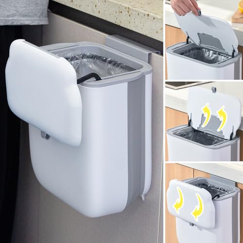 Soddeph 3.2 Gallon Foldable Hanging Trash Can with Lid for Cabinet Door,Kitchen Compost Bin,Wall-Mounted Plastic Garbage Can for Countertop or Under Sink, Bathroom and RV (White with lid) - Image 1