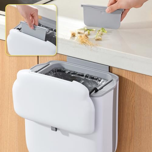 Soddeph 3.2 Gallon Foldable Hanging Trash Can with Lid for Cabinet Door,Kitchen Compost Bin,Wall-Mounted Plastic Garbage Can for Countertop or Under Sink, Bathroom and RV (White with lid) - Image 4