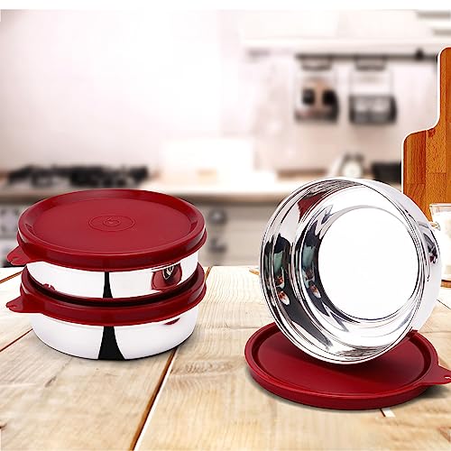SOPL-OLIVEWARE Magic Storage Container, 100% Leak Proof & BPA Free Lid, Dishwasher Safe, 3 Stainless Steel Containers with 300 ml Each - Maroon - Image 5