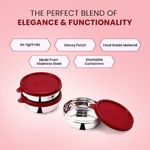 SOPL-OLIVEWARE Magic Storage Container, 100% Leak Proof & BPA Free Lid, Dishwasher Safe, 3 Stainless Steel Containers with 300 ml Each - Maroon - Image 2