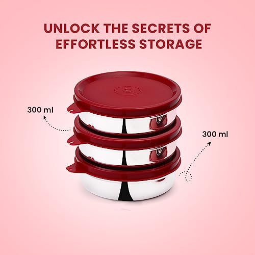 SOPL-OLIVEWARE Magic Storage Container, 100% Leak Proof & BPA Free Lid, Dishwasher Safe, 3 Stainless Steel Containers with 300 ml Each - Maroon - Image 3