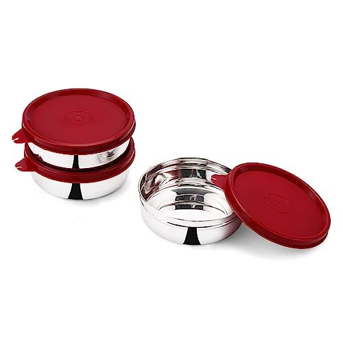 SOPL-OLIVEWARE Magic Storage Container, 100% Leak Proof & BPA Free Lid, Dishwasher Safe, 3 Stainless Steel Containers with 300 ml Each - Maroon - Image 1