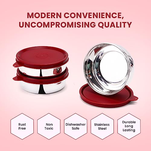SOPL-OLIVEWARE Magic Storage Container, 100% Leak Proof & BPA Free Lid, Dishwasher Safe, 3 Stainless Steel Containers with 300 ml Each - Maroon - Image 4