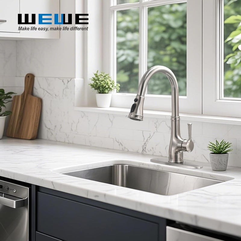 WEWE Vintage Kitchen Faucet with Pull Down Sprayer, Stainless Steel 1 or 3 Hole High Arc Single Handle Antique Sink Faucet for Classic Modern Ktichen, Brushed Nickel - Image 2