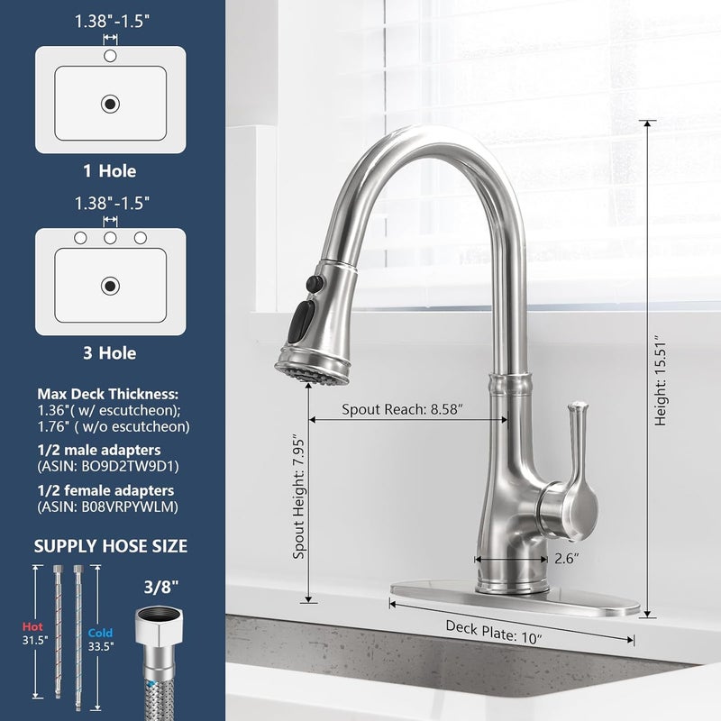 WEWE Vintage Kitchen Faucet with Pull Down Sprayer, Stainless Steel 1 or 3 Hole High Arc Single Handle Antique Sink Faucet for Classic Modern Ktichen, Brushed Nickel - Image 4