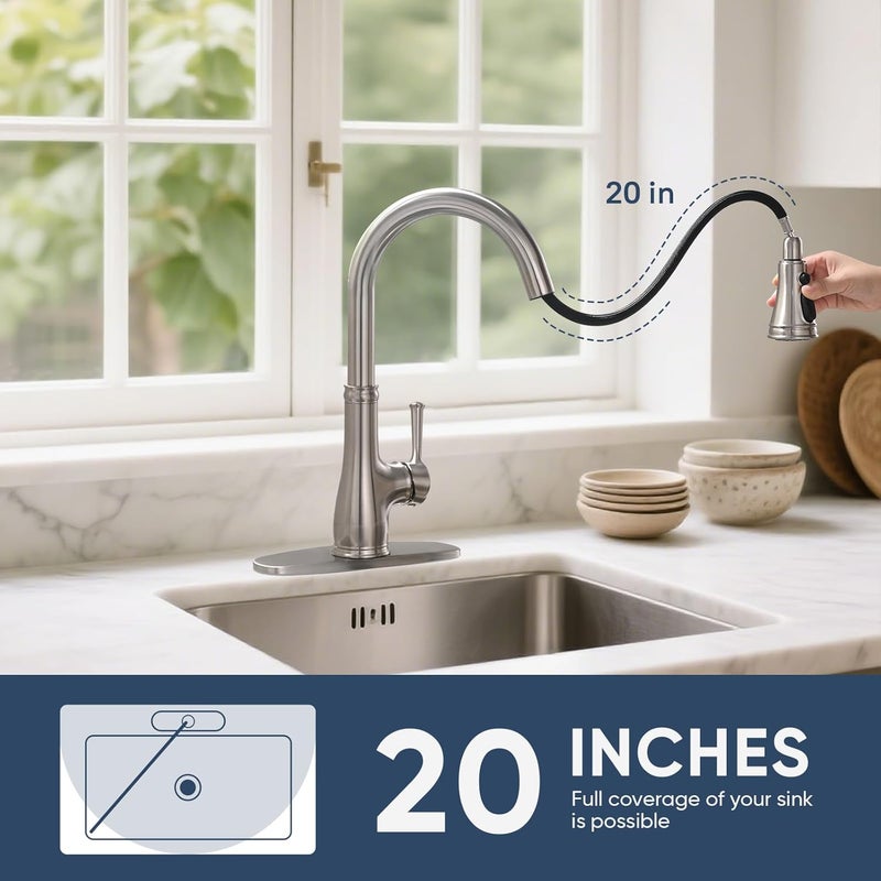 WEWE Vintage Kitchen Faucet with Pull Down Sprayer, Stainless Steel 1 or 3 Hole High Arc Single Handle Antique Sink Faucet for Classic Modern Ktichen, Brushed Nickel - Image 3