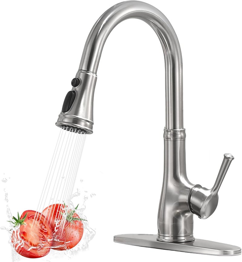 WEWE Vintage Kitchen Faucet with Pull Down Sprayer, Stainless Steel 1 or 3 Hole High Arc Single Handle Antique Sink Faucet for Classic Modern Ktichen, Brushed Nickel - Image 1