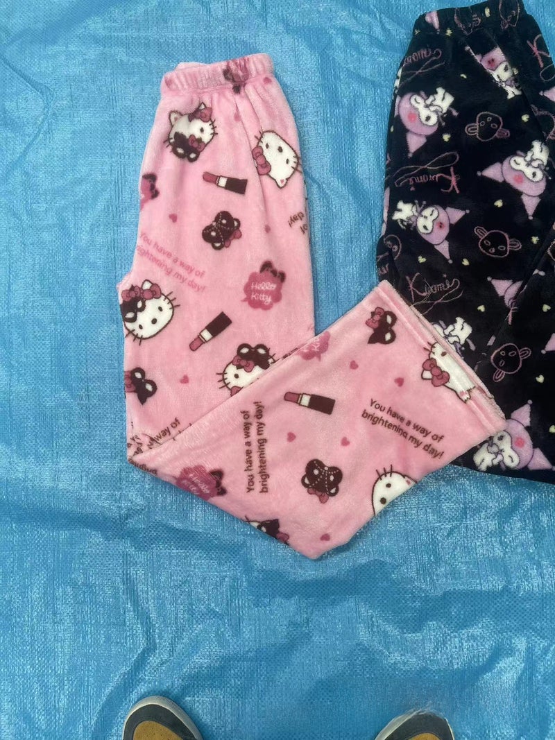 بنطلون بيجاما فانيلا كارتون كيرومي KT قطة خريف شتاء دافئ غير رسمي للمنزل أسود KRM - Image 5