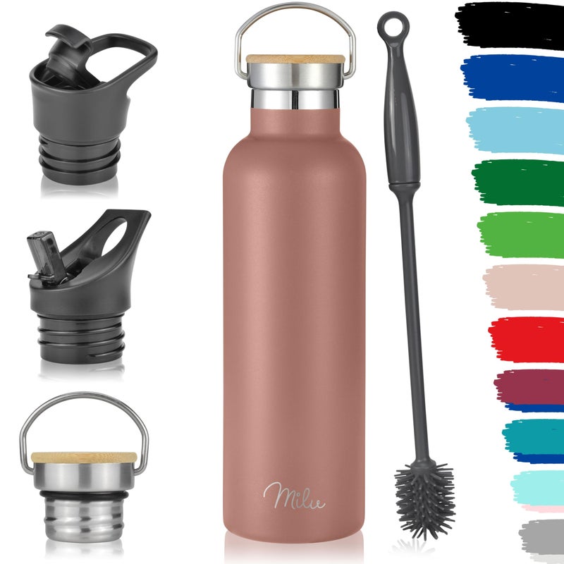 Milu Stainless Steel Drinking Bottle 350ml 500ml 750ml 1l 3 Lids  Thermo Bottle with Straw Water Bottle for Hot Cold  Carbonated Drinks Rose Gold 750ml